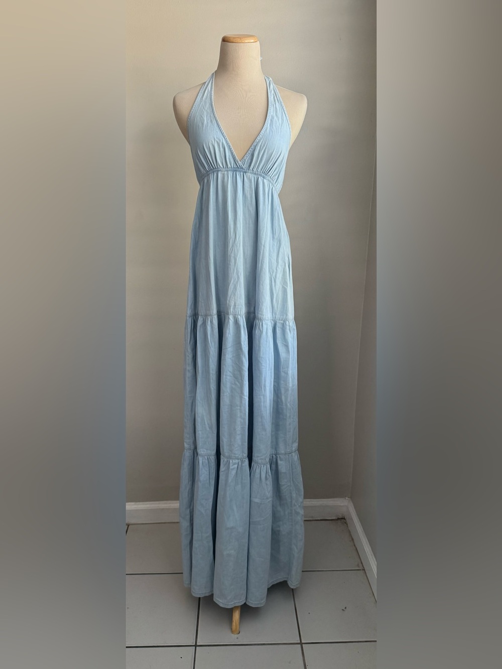 Bershka Light Blue Halter Tiered Maxi Dress Size Small